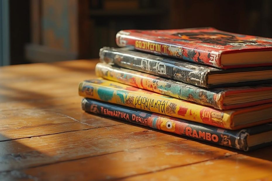Image montrant une pile de vieux livres de bandes dessinées sur une table en bois.