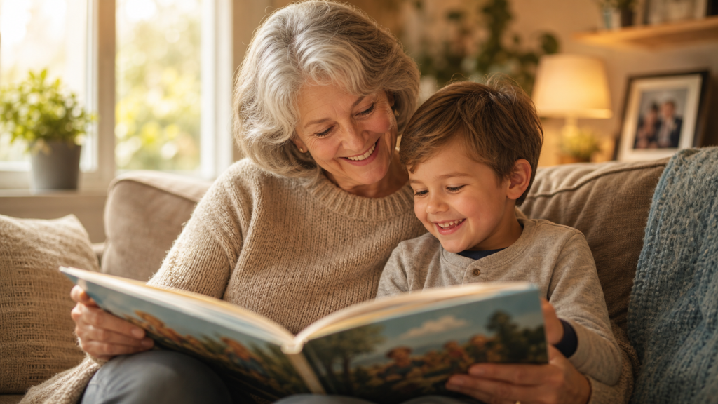 Grand-mère lisant un livre personnalisé avec son petit-fils