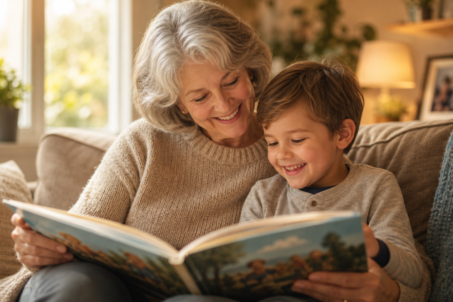 Grand-mère lisant un livre personnalisé avec son petit-fils