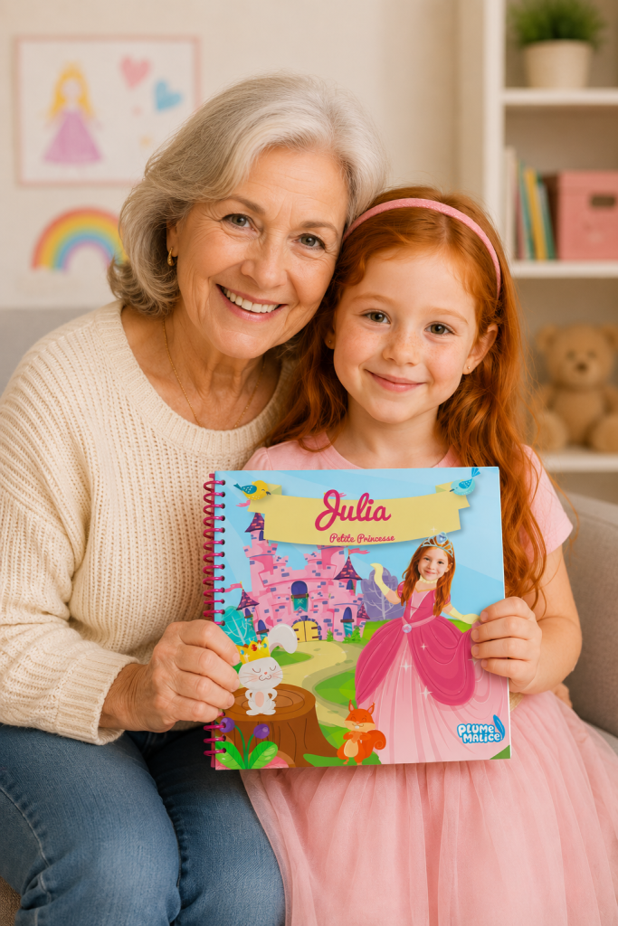Livre personnalisé Plume Malice tenu par une grand-mère et sa petite-fille