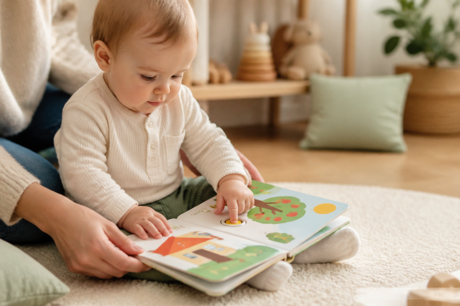 Bébé assis avec un livre sonore ouvert dans un coin lecture
