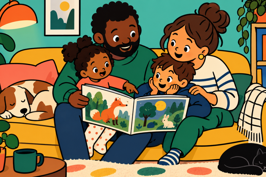 Illustration d'une famille lisant un livre ensemble sur un canapé