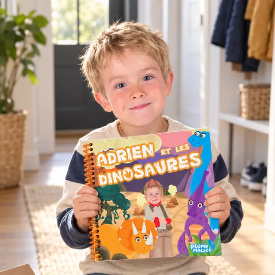 Un enfant heureux découvre son livre personnalisé à son nom en ouvrant le colis