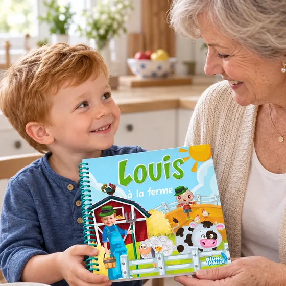 Un enfant offre à sa grand-mère le livre personnalisé où il est le héros