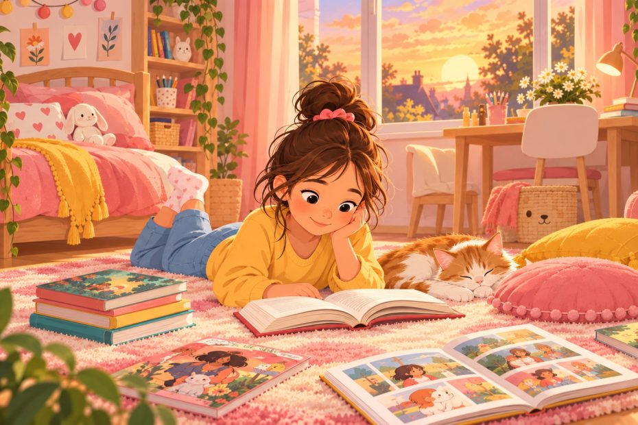 Illustration d'une fillette de 9 ans allongée sur le tapis de sa chambre, plongée dans un roman, entourée de livres et de BD, avec son chat
