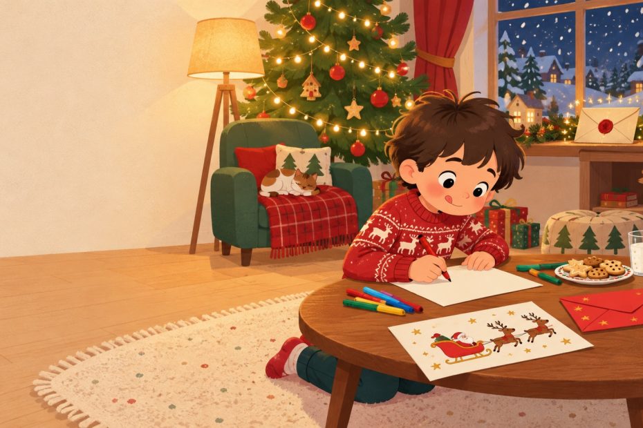 Enfant écrivant sa lettre au Père Noël près du sapin, une enveloppe de réponse posée sur la fenêtre