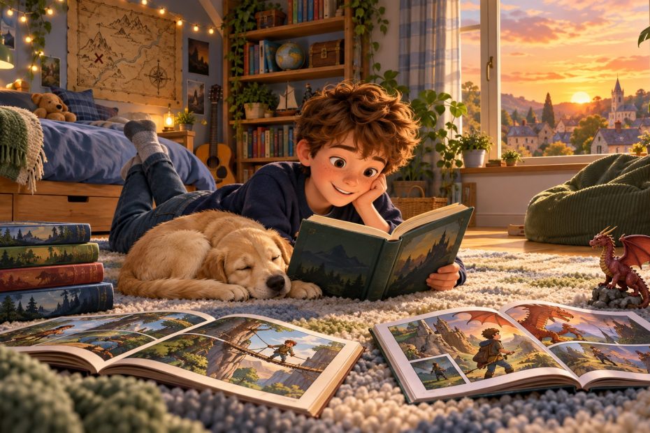 Garçon de 9 ans lisant un roman allongé sur le tapis de sa chambre, avec des BD ouvertes, un chien endormi et une figurine de dragon