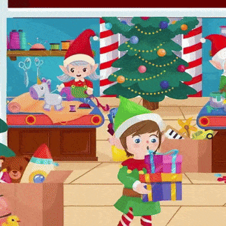 Lutin portant une pile de cadeaux dans l'atelier du Père Noël