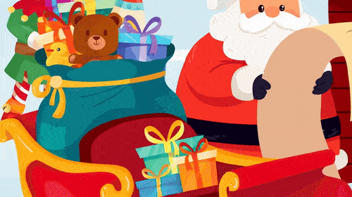 Le Père Noël lit une longue lettre d'enfant devant son traîneau rempli de cadeaux