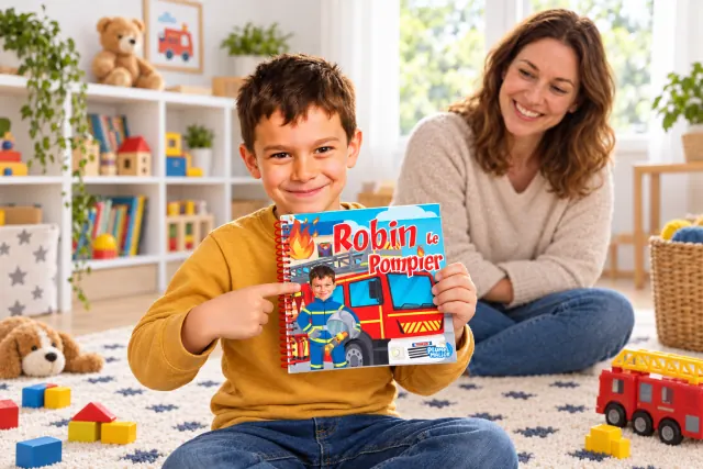 Un petit garçon montre son visage sur la couverture de son livre personnalisé pompier