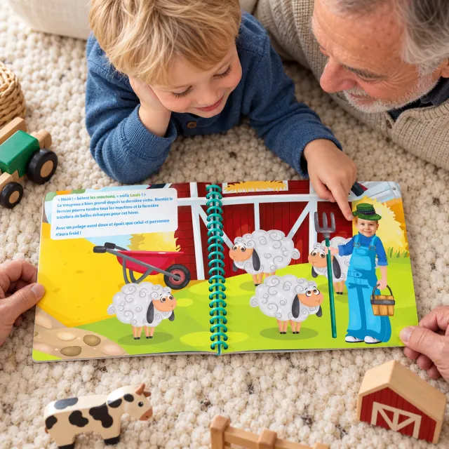 Un garçon et son papi lisent les pages de son livre personnalisé à la ferme