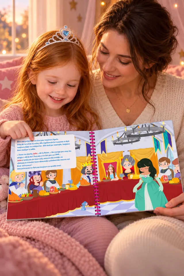 Une petite fille découvre les pages de son livre personnalisé princesse avec sa maman