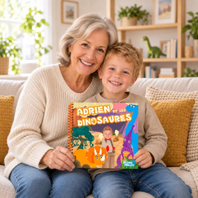 Une mamie et son petit-fils avec le livre personnalisé Dinosaures