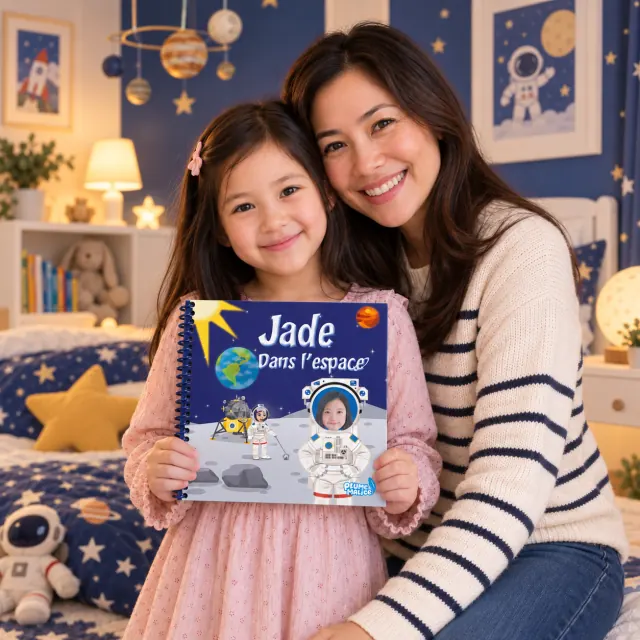 Une maman et sa fille avec le livre personnalisé Dans l'espace