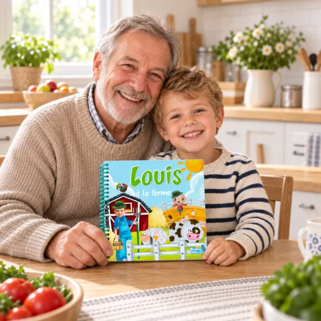 Un papi et son petit-fils avec le livre personnalisé À la ferme