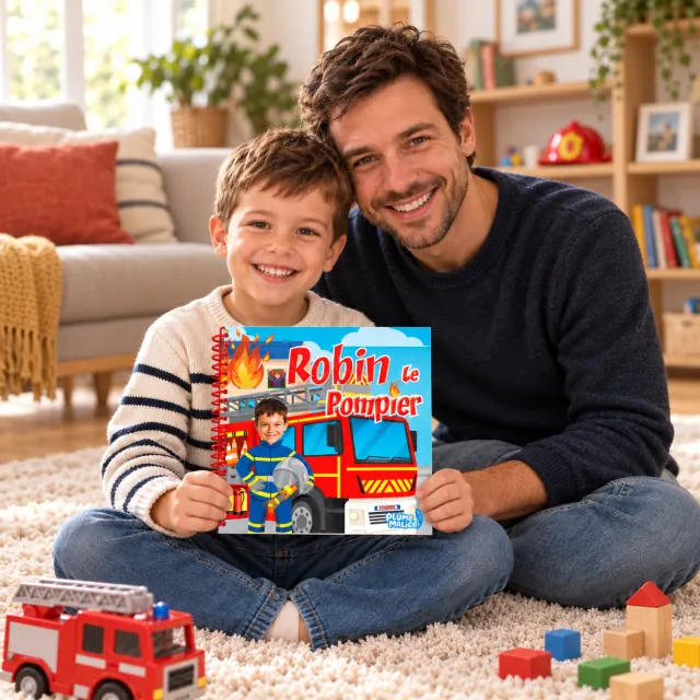Un papa et son fils avec le livre personnalisé Pompier