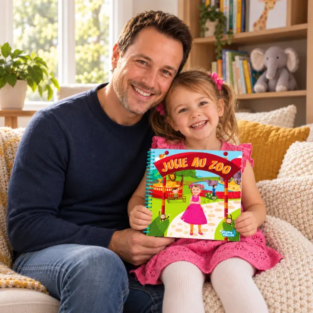 Un papa et sa fille avec le livre personnalisé Au zoo