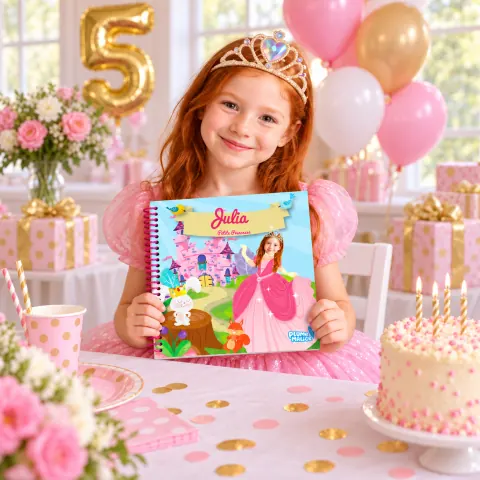Une fille fête ses 5 ans avec son livre personnalisé
