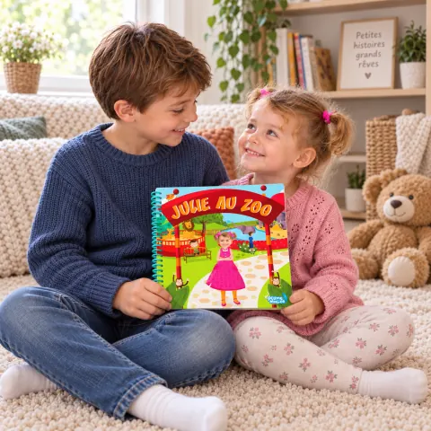 Un frère et une sœur avec leur livre personnalisé
