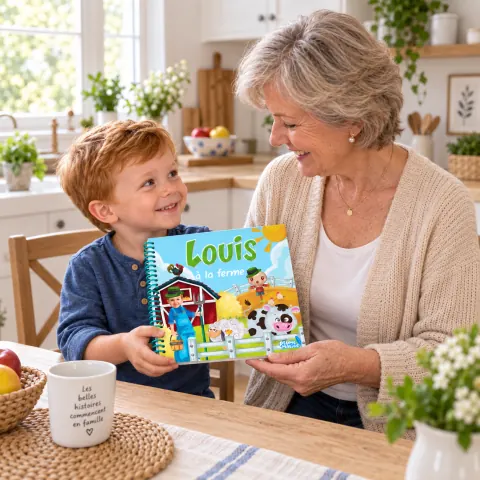 Une grand-mère offre un livre personnalisé à son petit-fils