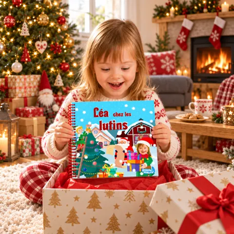 Une fillette ouvre son livre personnalisé Noël chez les lutins
